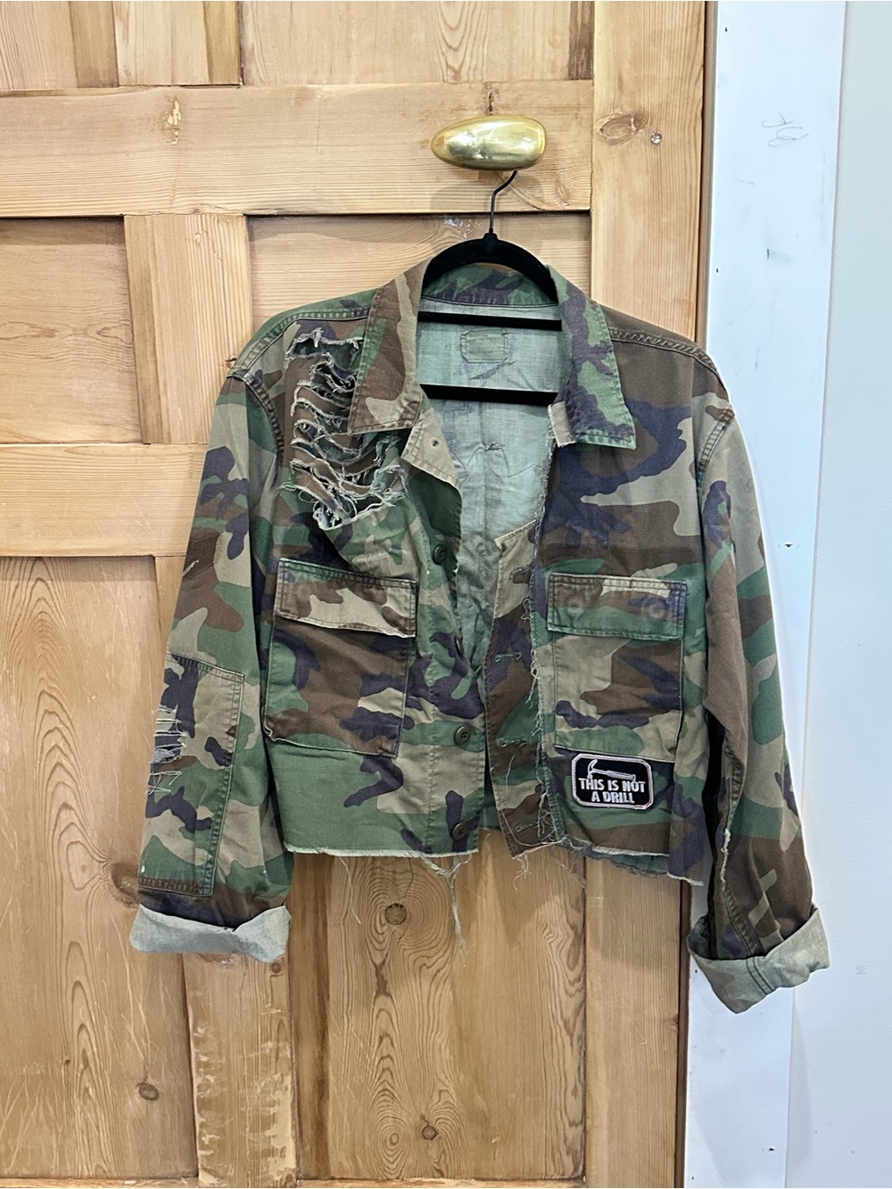 Cropped Distressed Camo Military Jacket - Green/Brown